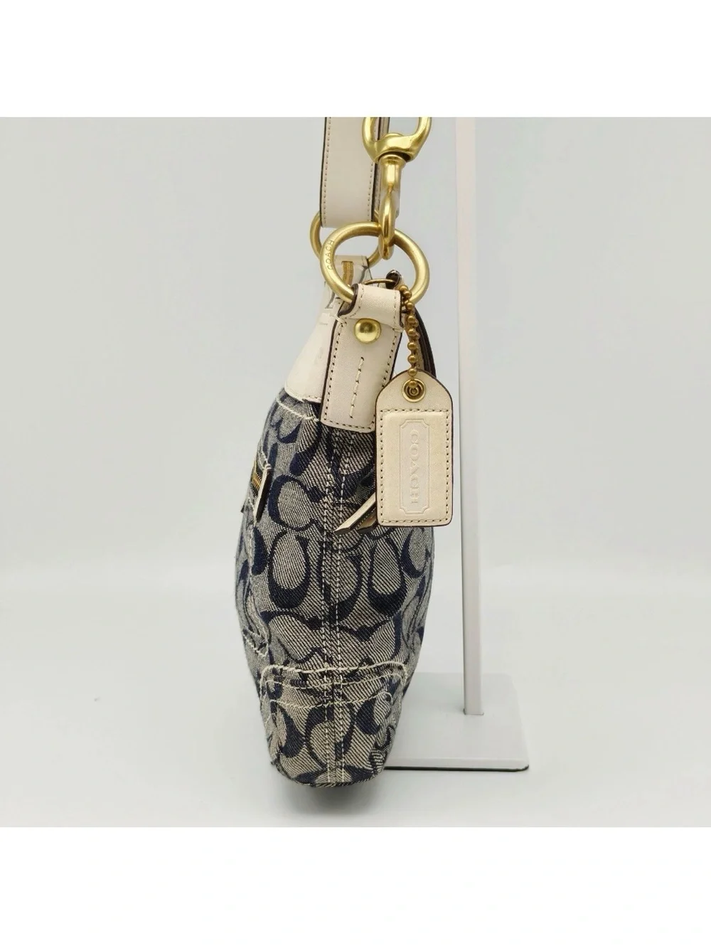 Coach Signature Denim Canvas Crossbody Bag Blue Ivory Leather